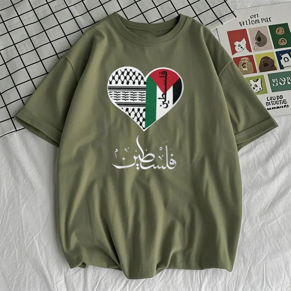 Palestinian Heart  Watermelon T-Shirt Written in English and Arabic Stand for Gaza Solidarity Gift Shirt Women O-neck Tops