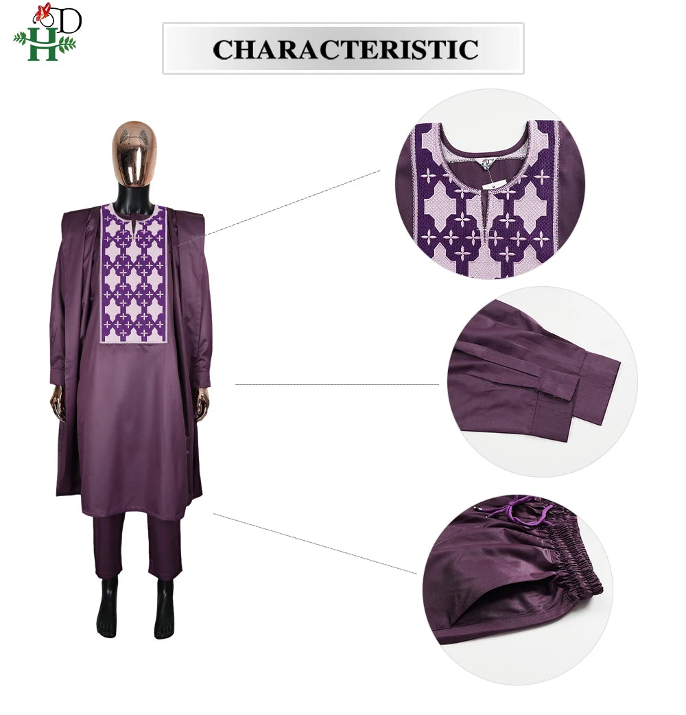 H&D Men Casual Loose Kaftan Muslim Thobe Jubba Dishdasha Thawb Dress 3PCS Agbada Set Arab Purple Color Embroidered Robe New 2026