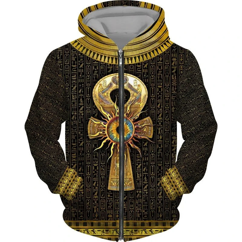 Eye of Horus 3D Zip Hoodie – Unisex Egyptian Print Oversized Sweatshirt