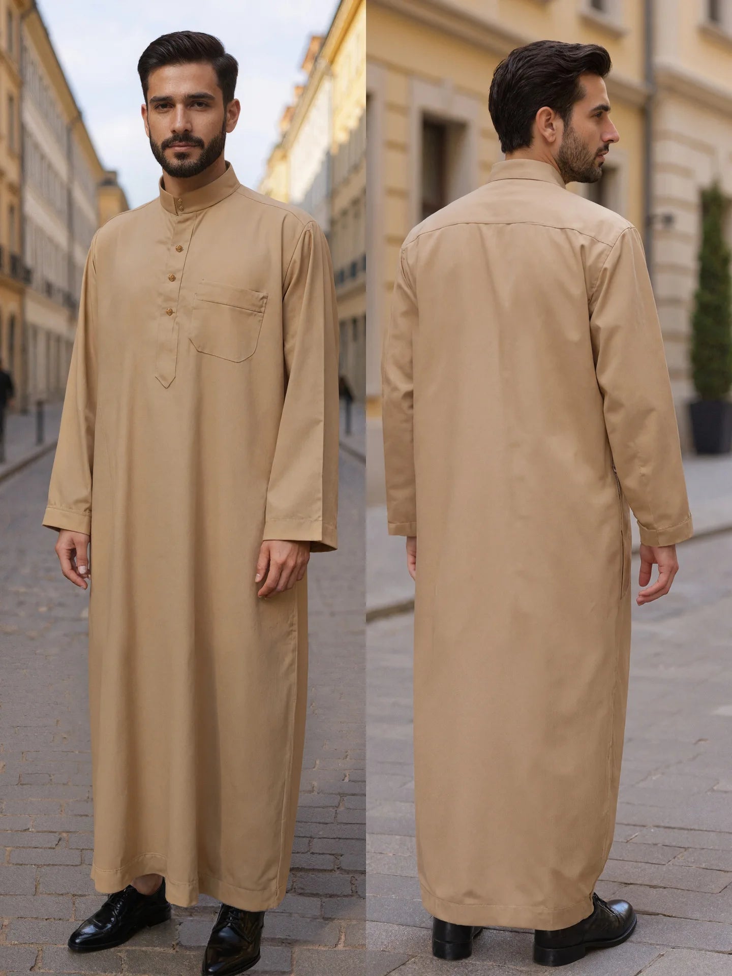 Polyester men's long robe, Qatar style stand collar robe, pocket design, Arabian and Middle Eastern men's clothing, available in