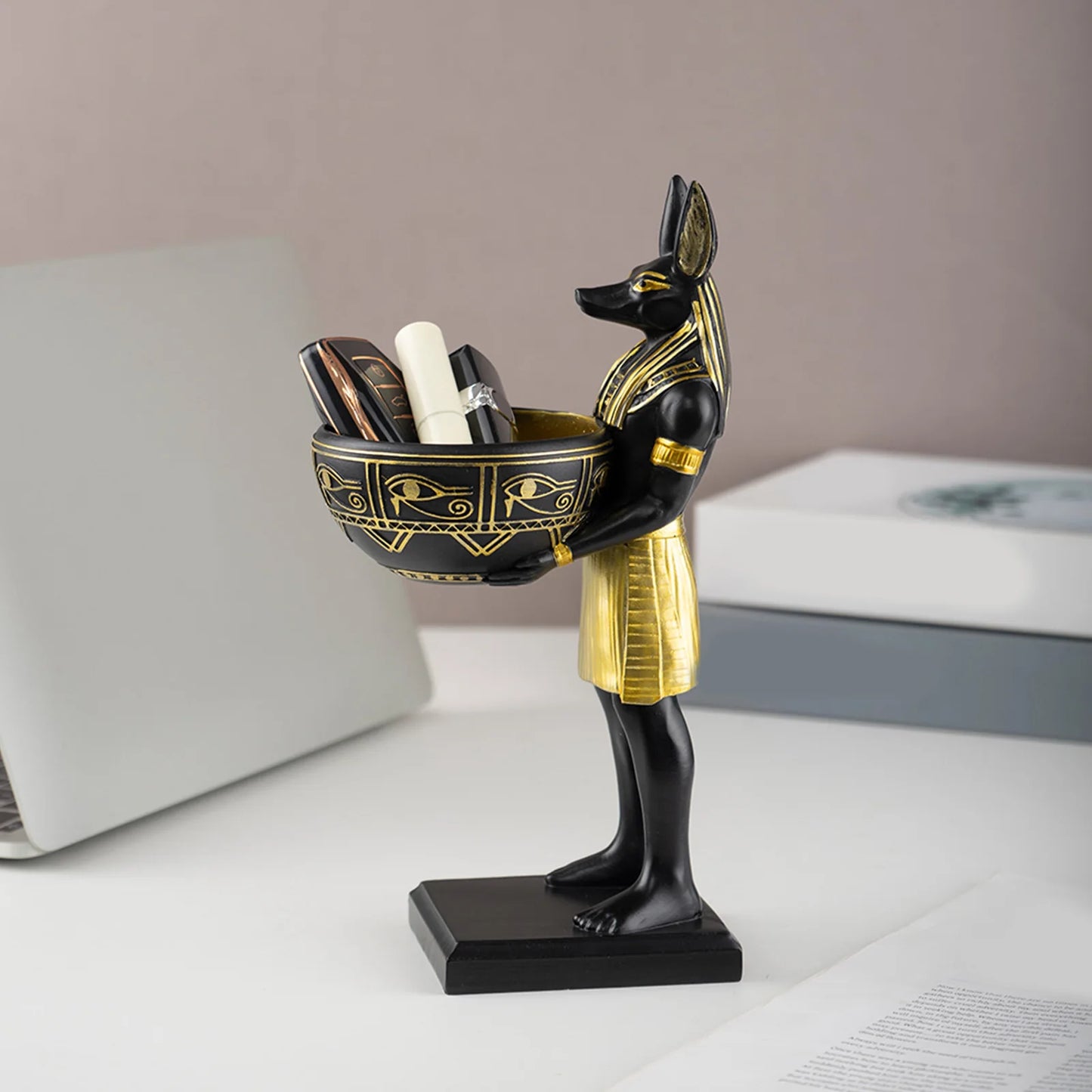 25cm Anubis God Statue Ancient Egypt Art Sculpture with Bowl for Keys/Jewelry Gift for Mythology Lovers & History Buffs