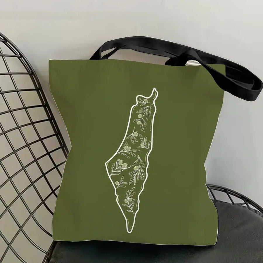 The Olive Map – Double-Sided Arabic Calligraphy Canvas Shoulder Tote