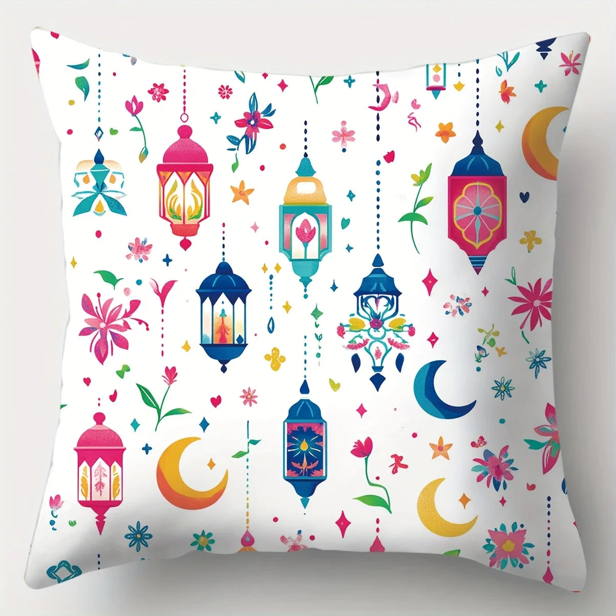 4Pc Bohemian Ramadan Lantern Throw Pillow Covers with Crescent Moon Floral Leaf Print Cushion Cases for Sofa Living Room Bedroom