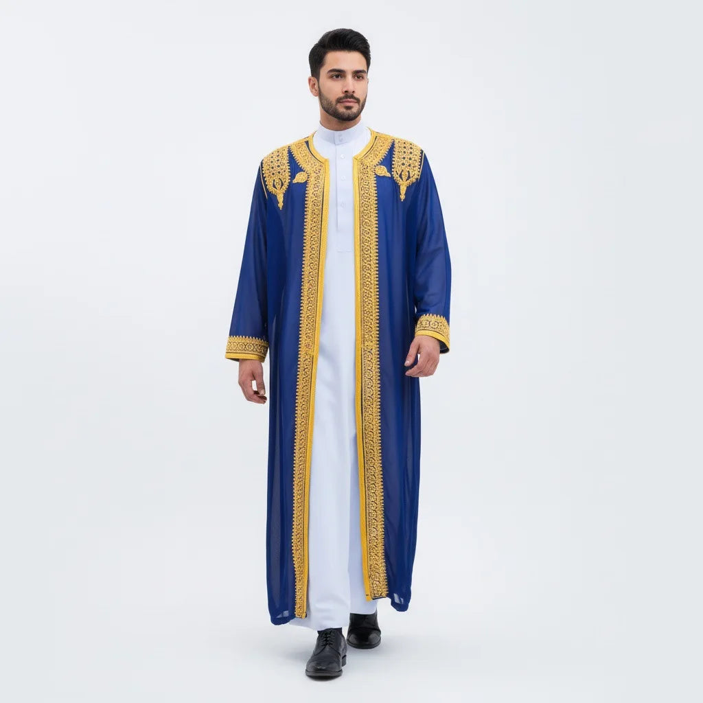 Traditional Arab Men's Robe Thobe Embroidered Dress Middle Eastern Ethnic Jubba Thobes Eid Djellaba Kimono Abaya Thoub Dishdasha