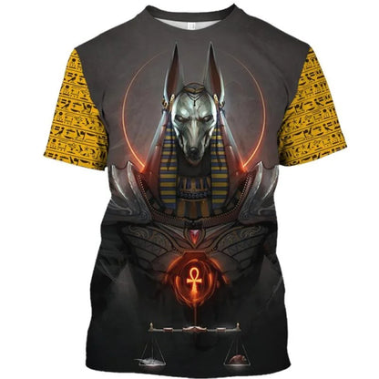 Golden Pharaoh & Anubis T-Shirt – Men's Egyptian Print O-Neck Short Sleeve Tee