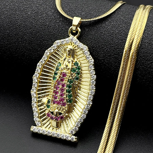Catholic Virgin Mary Zircons Copper Pendant Necklace for Women Men Stainless Steel Gold Color Our Lady of Guadalupe Jewelry