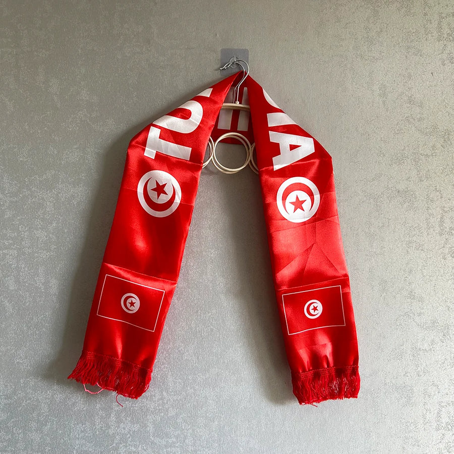 Tunisia 2026 Satin Scarf – 14×135cm Double-Sided Flag with Tassels