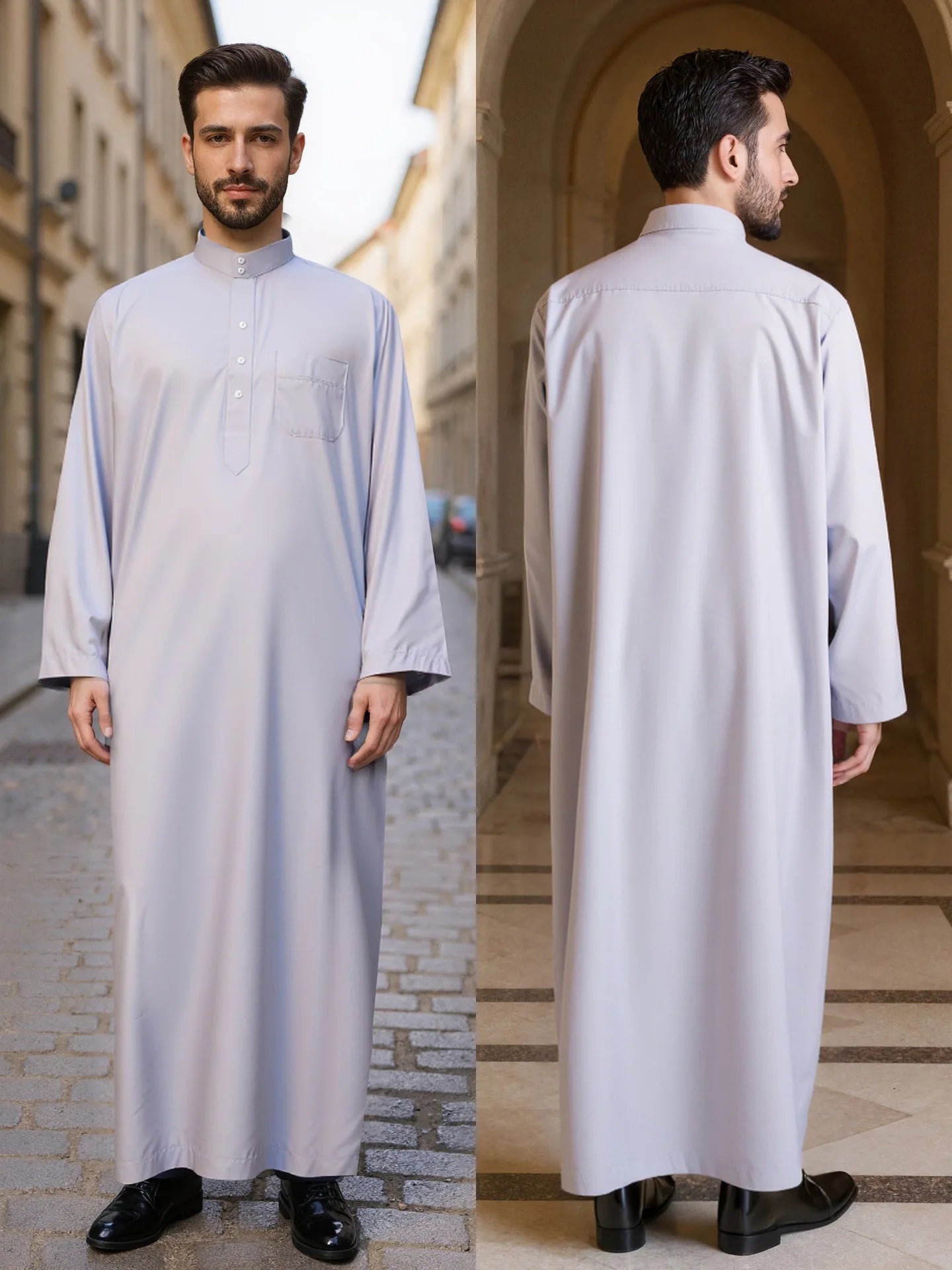 Polyester men's long robe, Qatar style stand collar robe, pocket design, Arabian and Middle Eastern men's clothing, available in