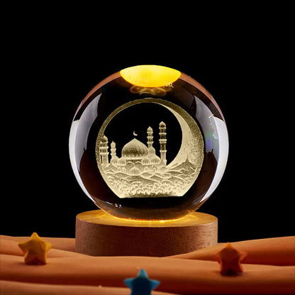 Ramadan Glowing Mosque Crystal Ball Ornament Islamic 3D Home Interior Party Desk Rotating Decoration Figurines Atmosphere Gifts