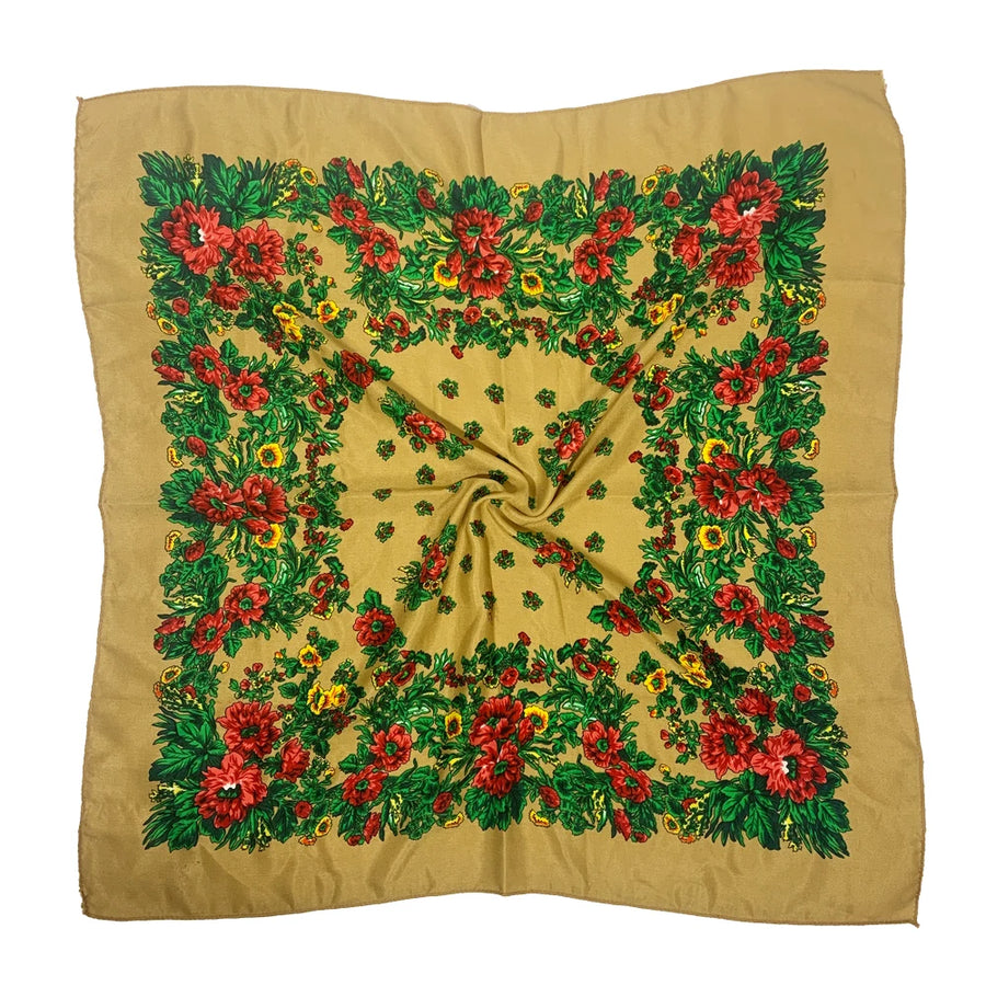 Babushka Bloom – 70cm Retro Floral Square Headscarf for Women