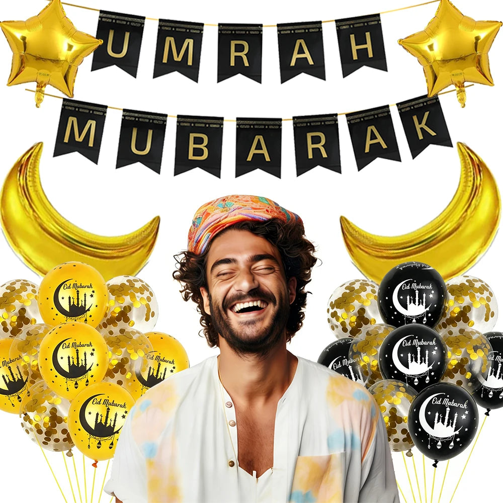 Eid Mubarak Ramadan Kareem Party Black Gold Paper Plates Cup Napkins Mubarak Umrah Banner for Islamic Muslim Festival Decoration