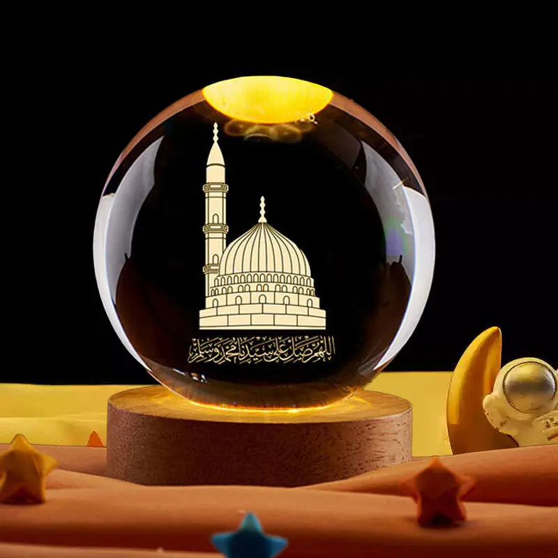 Ramadan Glowing Mosque Crystal Ball Ornament Islamic 3D Home Interior Party Desk Rotating Decoration Figurines Atmosphere Gifts