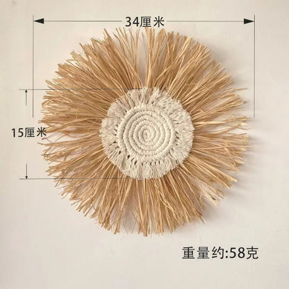 Raffia Woven Wall Hanging, Japanese Moroccan Style Grass Decor for Hotel B&B, Wooden Frame Wall Art