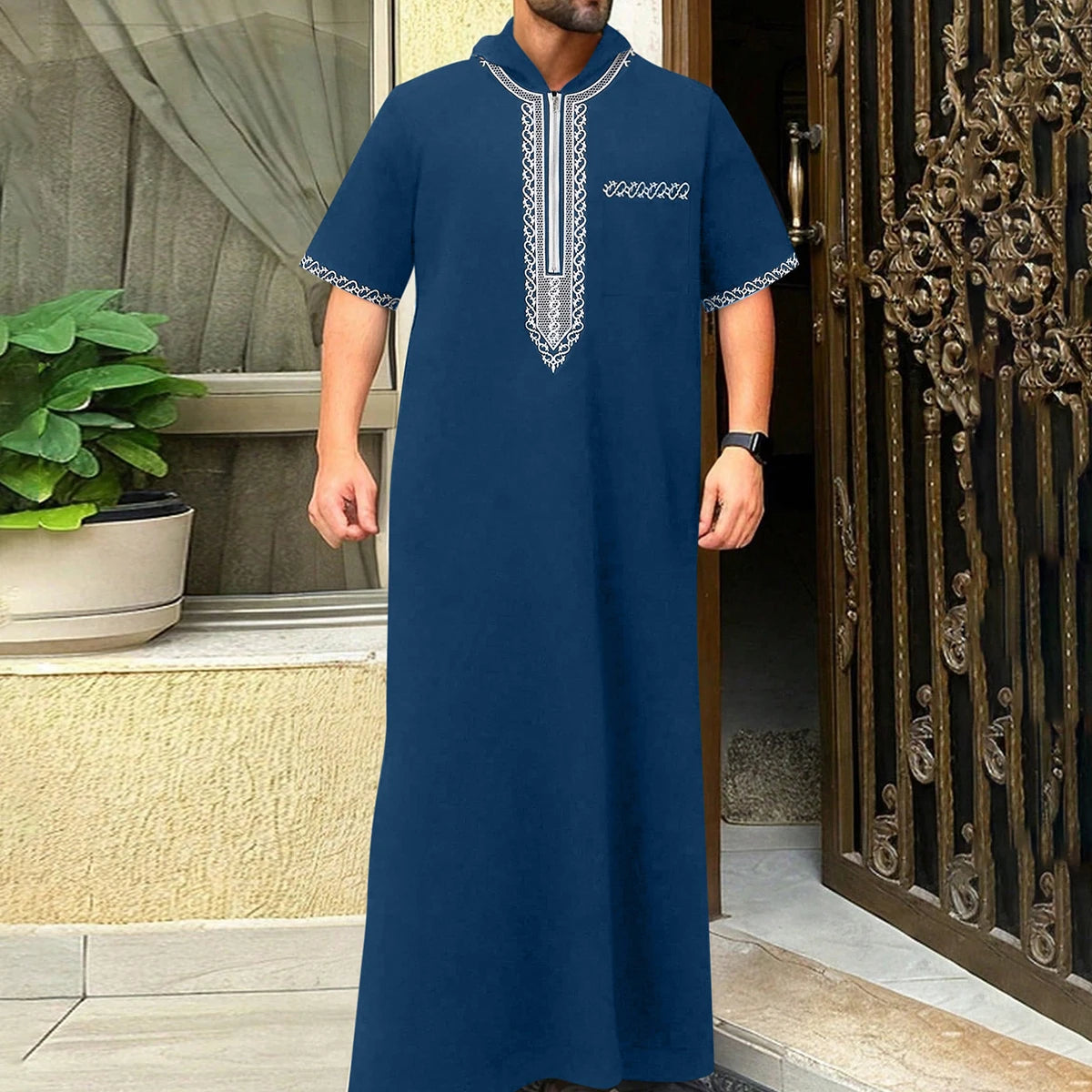 Short-sleeved, hooded, embroidered Muslim pocket Thobe, casual Arab style, traditional Gandoura prayer festival clothing for men