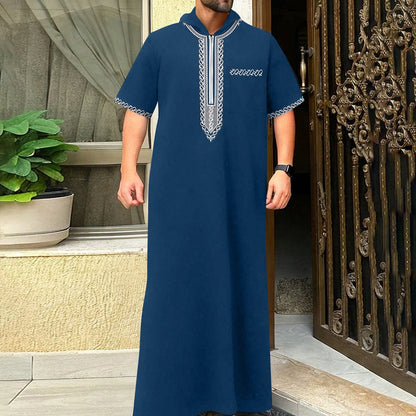 Short-sleeved, hooded, embroidered Muslim pocket Thobe, casual Arab style, traditional Gandoura prayer festival clothing for men