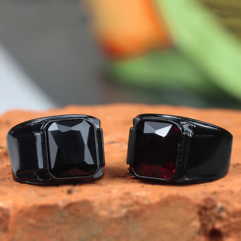 Huaya Men's Black/Red Square Zircon Inlaid Rings Unique Temperament Party Elite Men Delicate New Ring Jewelry Accessories