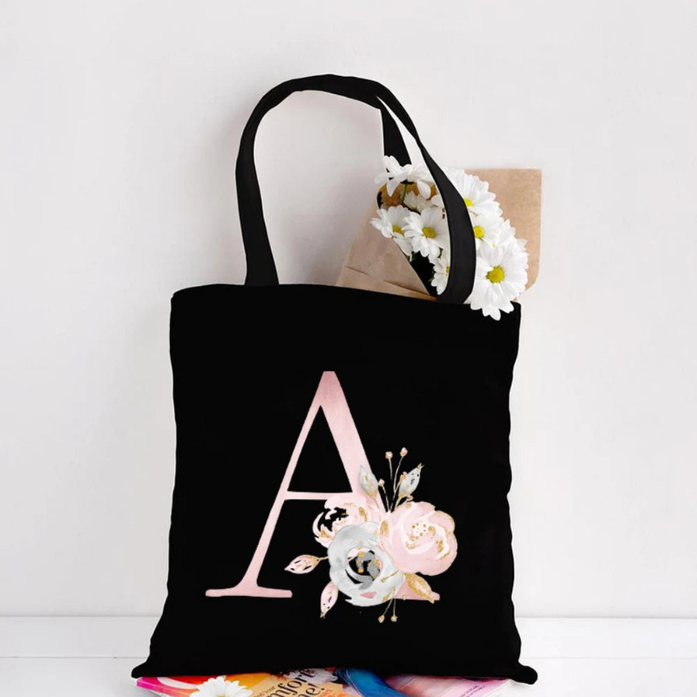Her Letter, Her Bloom – Personalized Floral Initial Canvas Tote