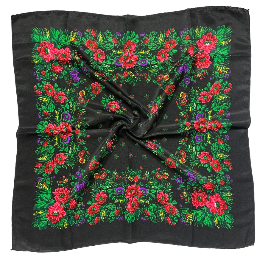 Babushka Bloom – 70cm Retro Floral Square Headscarf for Women
