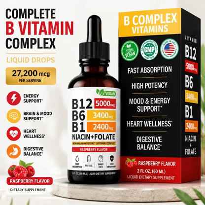 Vitamin B12 and B6 Liquid Drops, B12 Sublingual Vitamin B Complex for Energy Brain and Heart Support with 27,200 mcg Raspberry