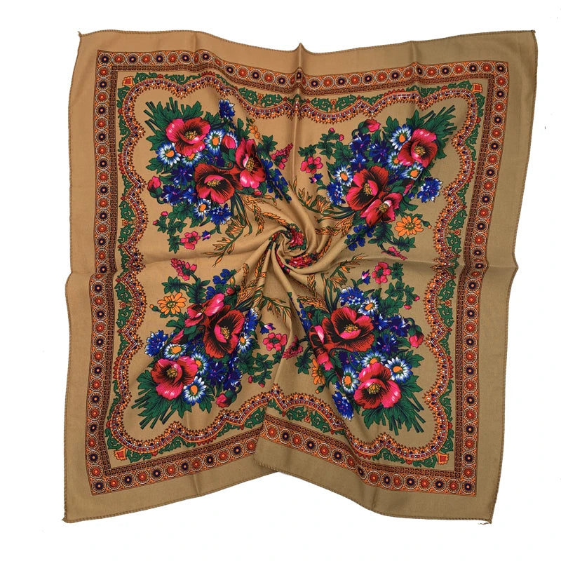 Babushka Bloom – 70cm Retro Floral Square Headscarf for Women
