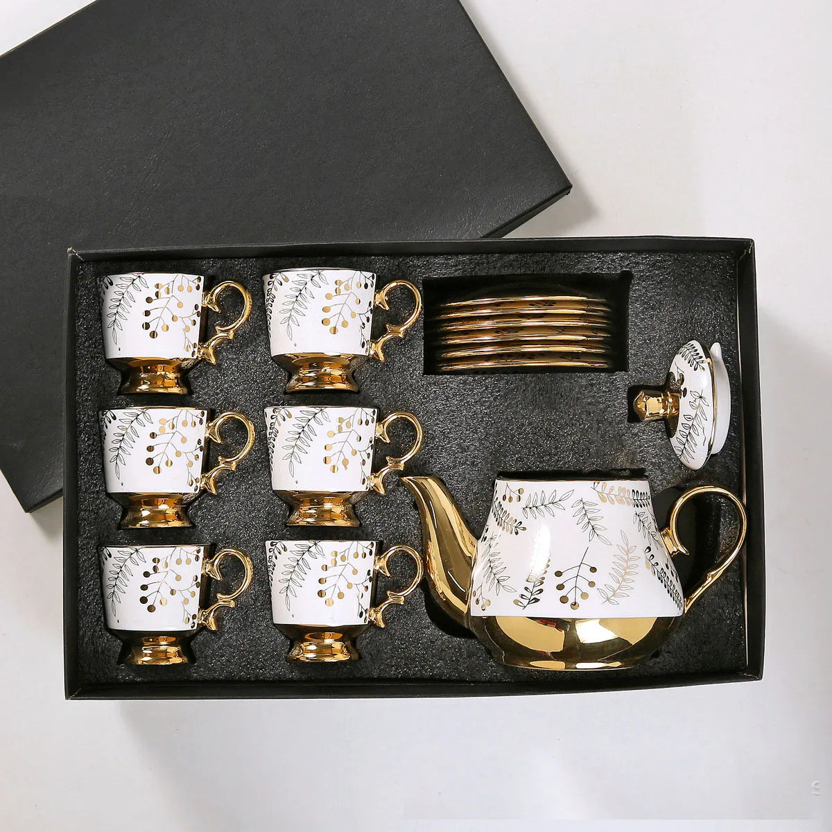 European Arabic Style Gold Plated 6 Cups and 6 Plates and Pot Gift Box Set Ceramic Tea Coffee Cup and Saucer Set for Parties