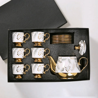 European Arabic Style Gold Plated 6 Cups and 6 Plates and Pot Gift Box Set Ceramic Tea Coffee Cup and Saucer Set for Parties
