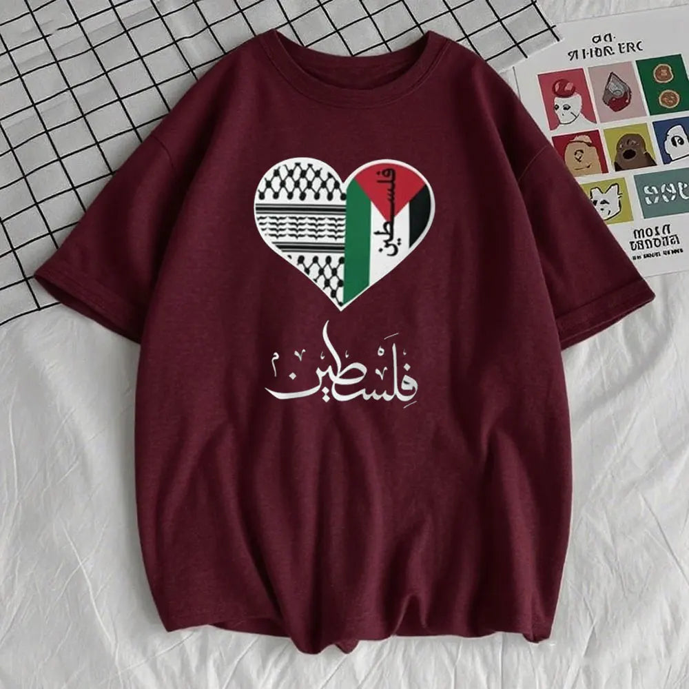 Palestinian Heart  Watermelon T-Shirt Written in English and Arabic Stand for Gaza Solidarity Gift Shirt Women O-neck Tops