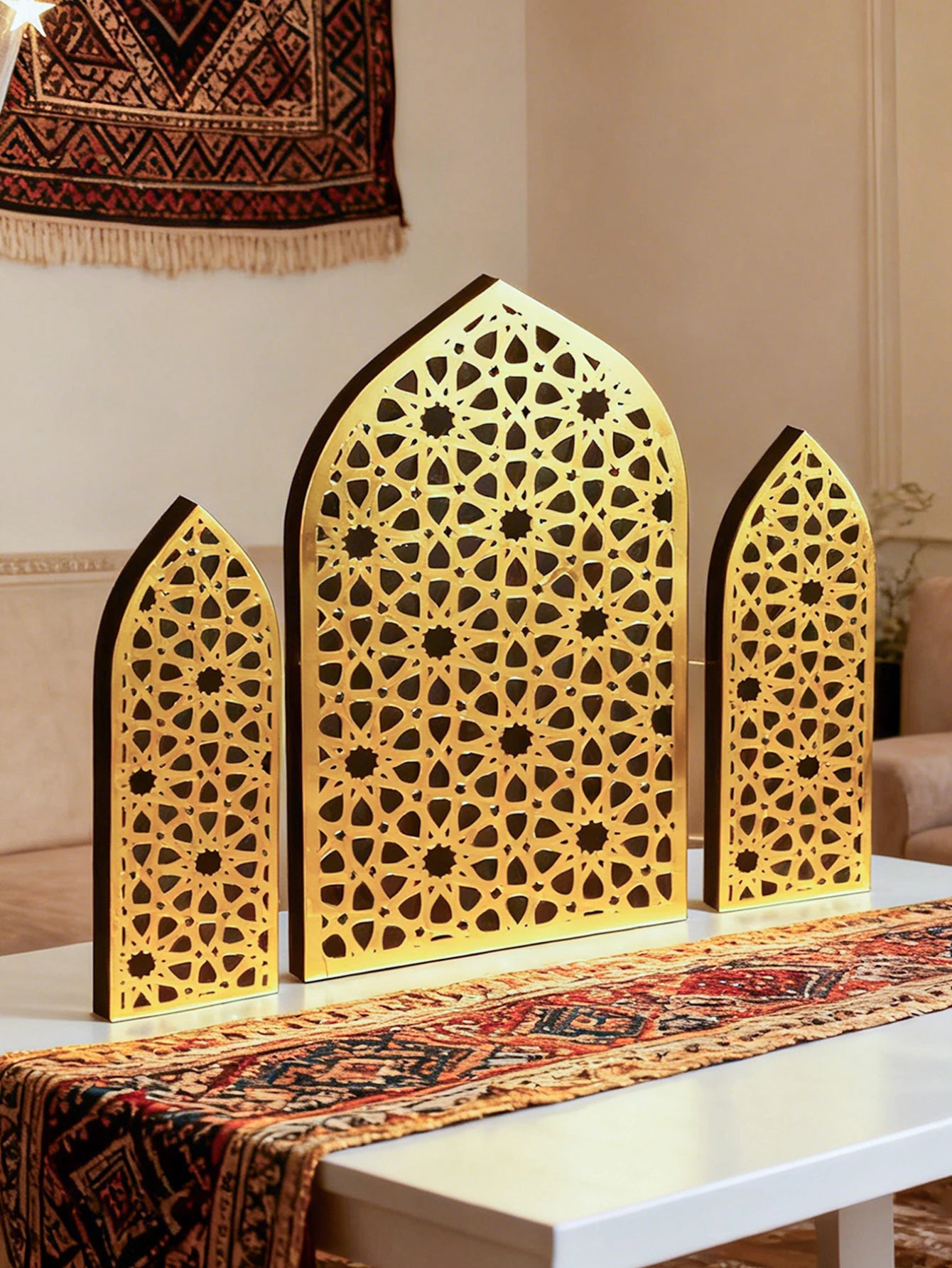 3Pcs/Set Islamic Geometric Arch Decor Golden & Floral Acrylic Table Ornaments Wooden Festive Home Decor for Ramadan & Eid Gifts