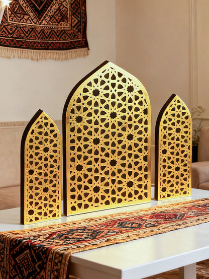 3Pcs/Set Islamic Geometric Arch Decor Golden & Floral Acrylic Table Ornaments Wooden Festive Home Decor for Ramadan & Eid Gifts