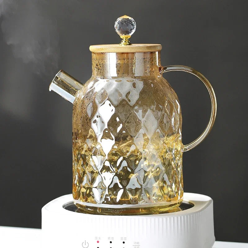 Glass Tea Kettle with Bamboo Lid – Removable Filter, 1-1.8L for Loose Leaf & Fruit Tea