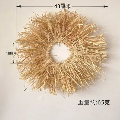 Raffia Woven Wall Hanging, Japanese Moroccan Style Grass Decor for Hotel B&B, Wooden Frame Wall Art
