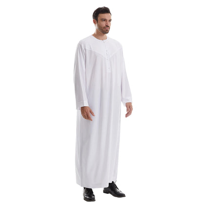 TH839 Men's Muslim Middle Eastern Men Long Sleeves Pure Color Buckle Robe Ramadan Eid Jubba Thobe