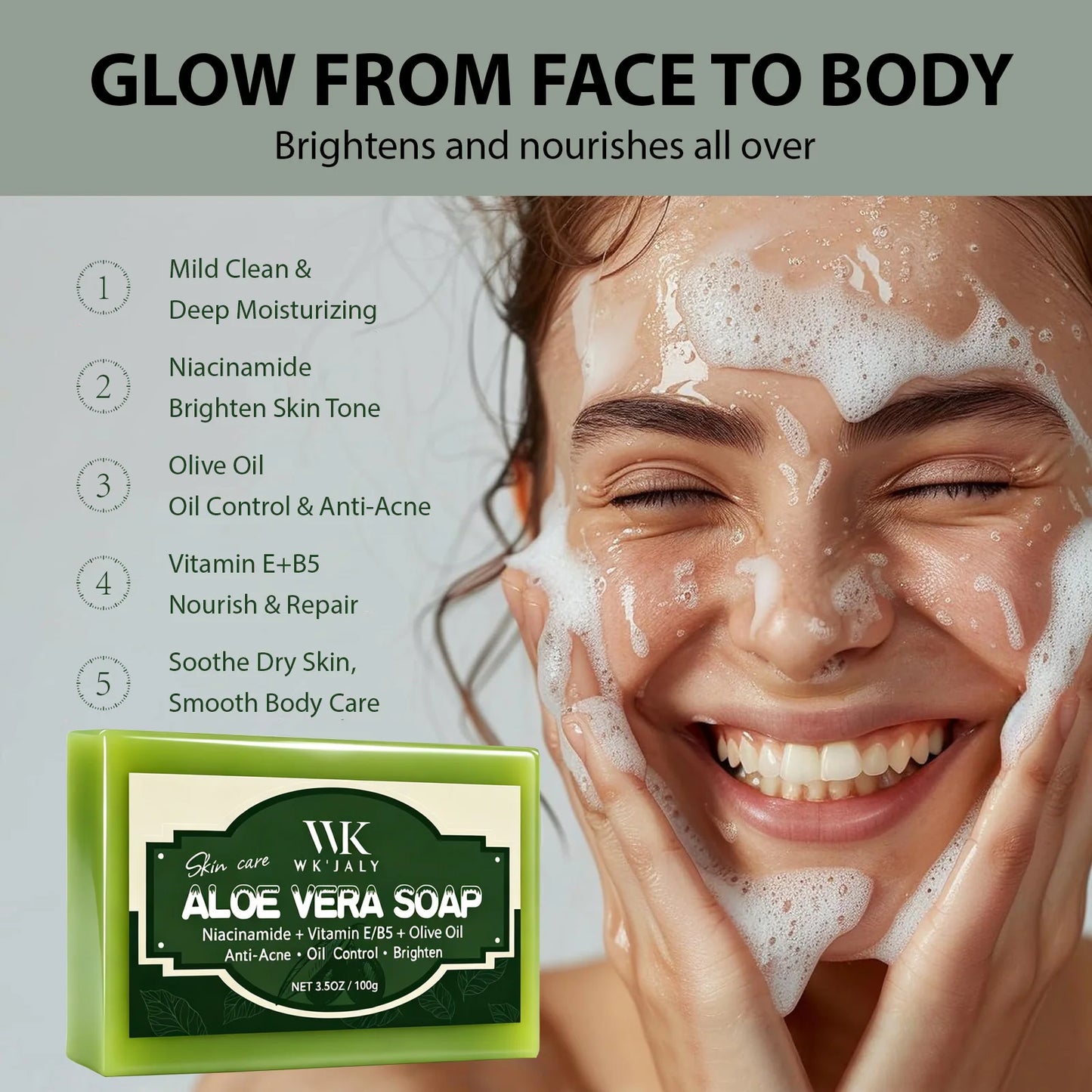 WK Natural Aloe Vera Soap, Clean Skin, Anti Acne, Oil Control, Brighten, With Niacinamide, Vitamin E, Olive Oil, For Face, Body