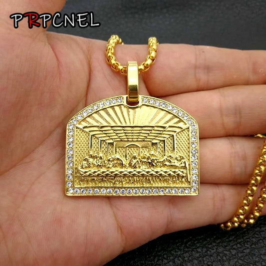 Hip Hop Last Dinner Pendant Necklace with Zircon Door Modeling 316L Stainless Steel Biker Punk Rock Male Party Vogue Jewelry