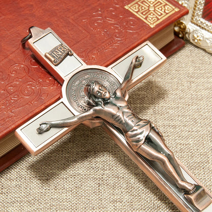 HTISOK Catholic Cross Zinc Alloy Crucifix with St. Benedict Medal & INRI, 6.9" Gift-Boxed Religious Wall Decor for Home Altar