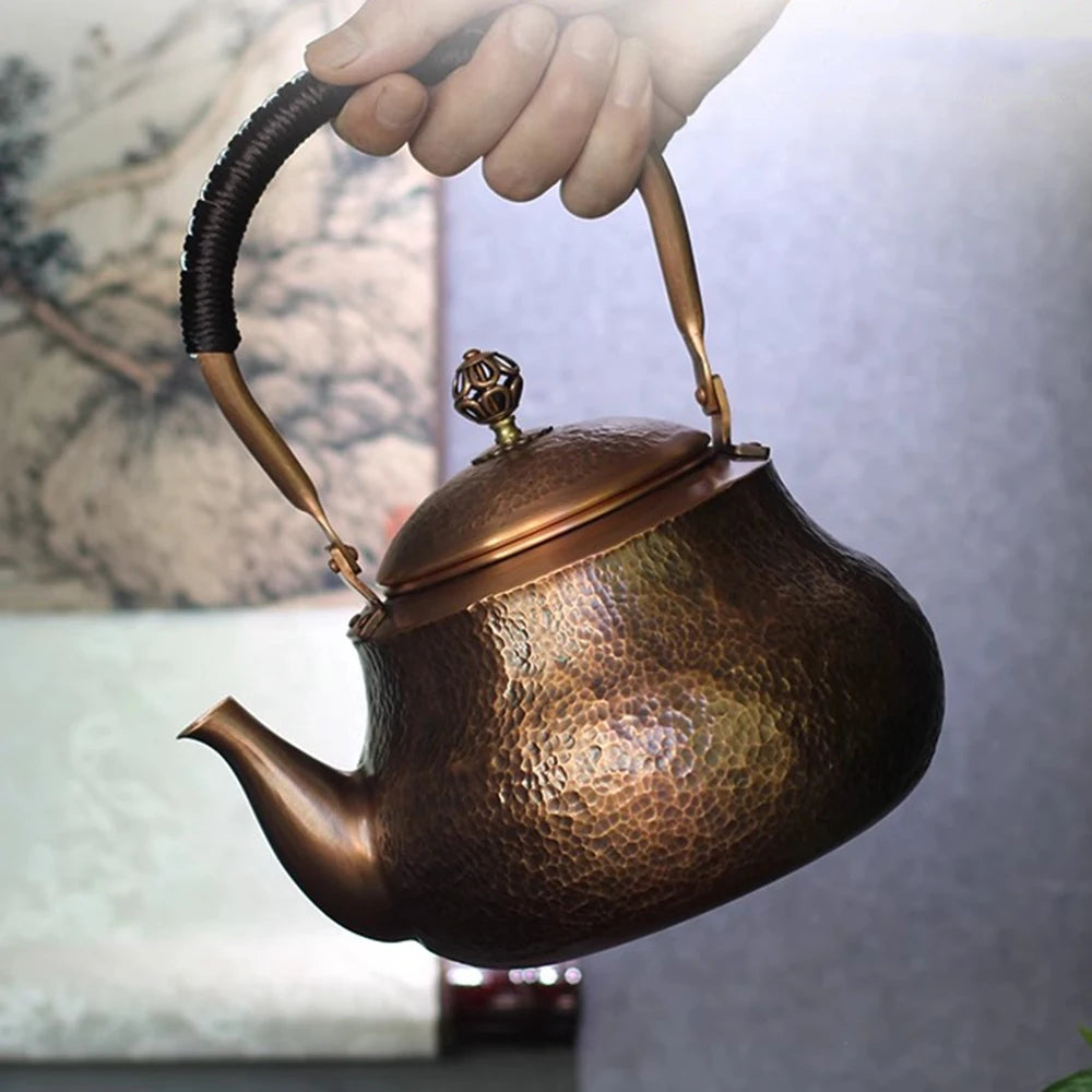 Pear shaped pure copper teapot, Handmade hammered copper teakettle, Home gas boiling tea pot, Kung Fu Health water kettle, 1.5L