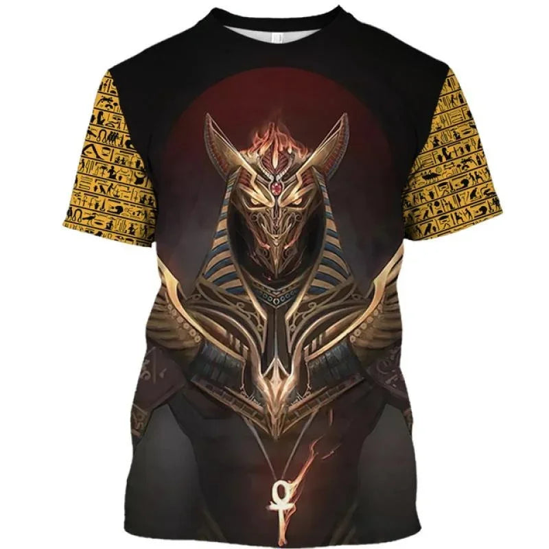 Golden Pharaoh & Anubis T-Shirt – Men's Egyptian Print O-Neck Short Sleeve Tee
