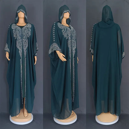 Beading Chiffon Maxi Dress Caftan Abaya Dubai Luxury Muslim Women Clothing Hijabs Femme Plus Size Hooded Long Dresses African