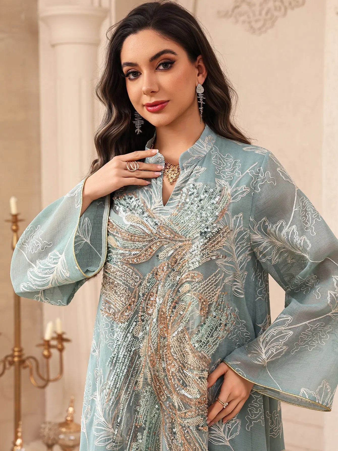 Zahraa Dubai Sequins Luxury Woman Evening Dress Mesh Embroidered Abaya V-Neck Caftan Marocain Femme 2026