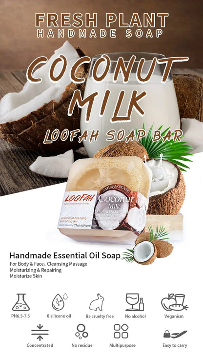 loofah Coconut essential oil soap, added with glutathione, suitable for cleaning and moisturizing the whole body, rich, delicate