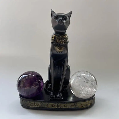 Anubis Cat Crystal Ball Stand – Egyptian Resin Statue for Sphere Display & Home Decor