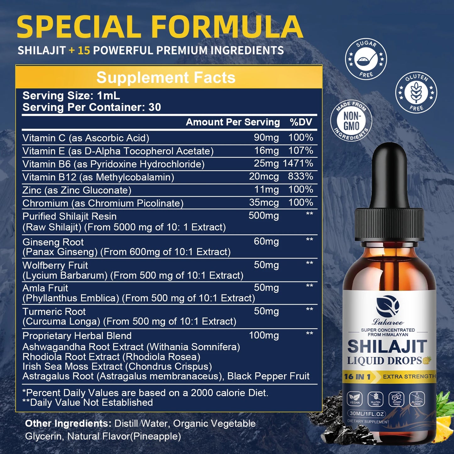 Lukaree Shilajit Drops with 85+ Trace Minerals and Fulvic Acid for Men&Women Immunity&Digestive System Health Cognitive Support