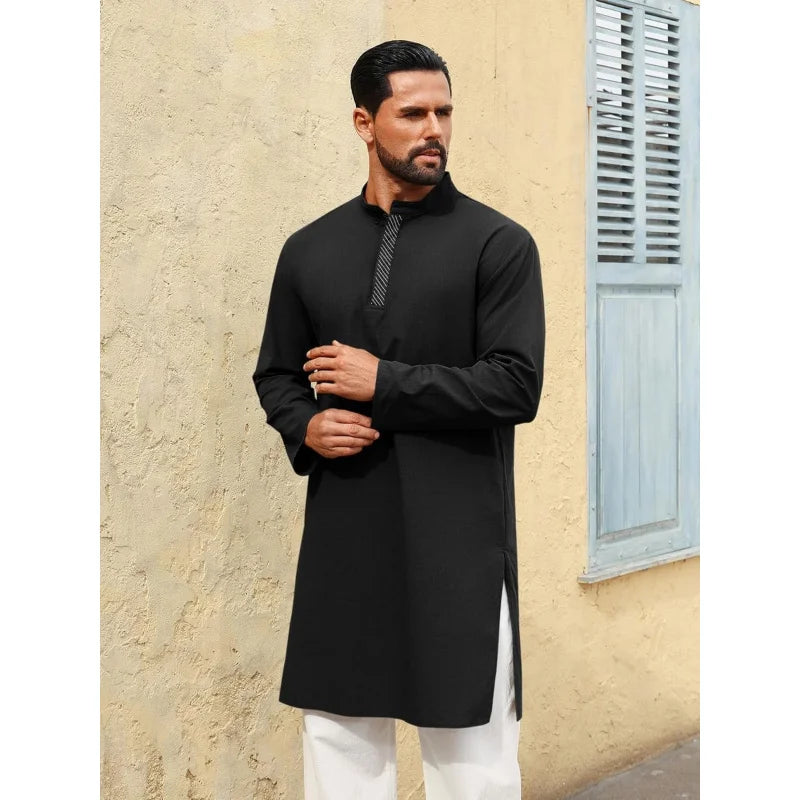 Mens Kaftan Thobe Long Sleeve Casual Henley Shirts Button Down Kurta Cotton Linen Muslim Gown Robe