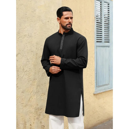 Mens Kaftan Thobe Long Sleeve Casual Henley Shirts Button Down Kurta Cotton Linen Muslim Gown Robe