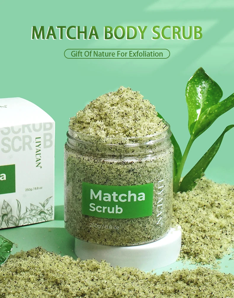 Matcha Green Tea Scrub Body Exfoliating Sea Salt Deep Cleansing Softening with Almond Oil Nourishing Moisturizing Even Skin Tone