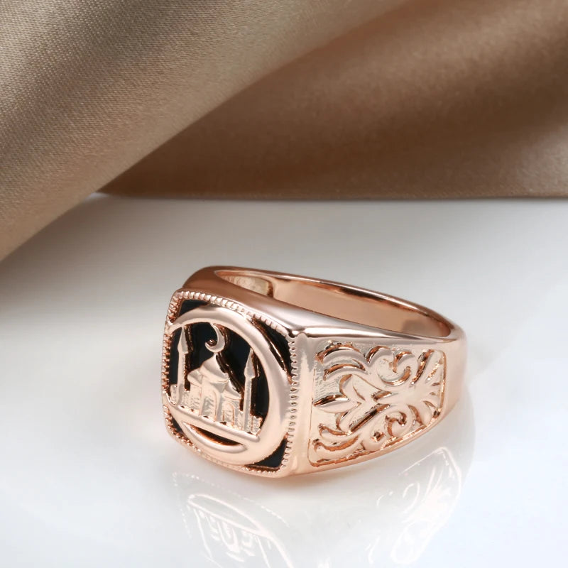 SYOUJYO Black Signet Men's Ring With 585 Rose Gold Color Castle Pattern Exquisite Carving Big Size Easy-Matching Daily Jewelry