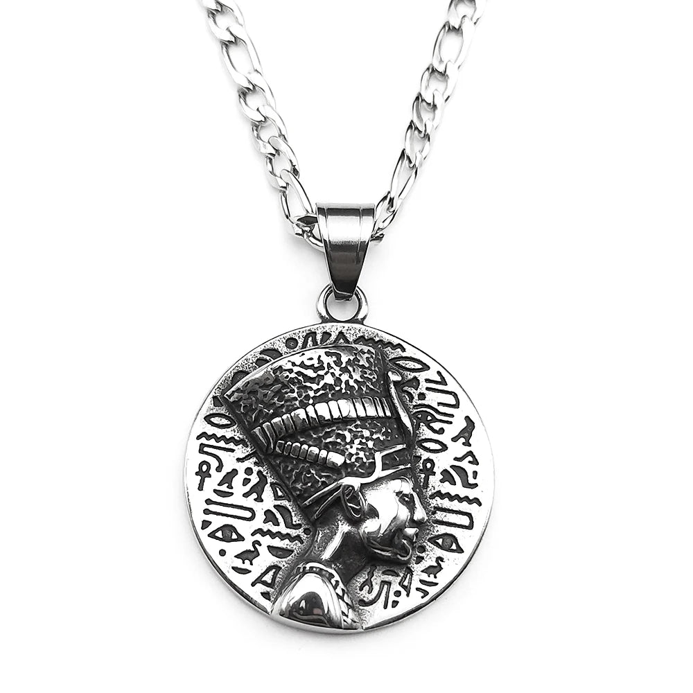 Nefertiti & Ankh Pendant – Titanium Steel Egyptian Cultural Symbol Necklace