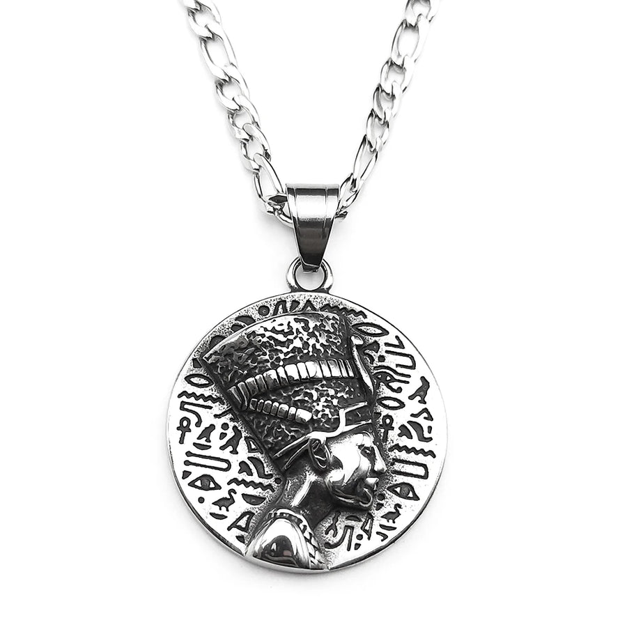 Nefertiti & Ankh Pendant – Titanium Steel Egyptian Cultural Symbol Necklace