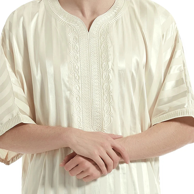 Middle Eastern Muslim Men's Striped Middle Sleeve Embroidered Robe Half Sleeve Arabic Costume Traditional Men's Robe