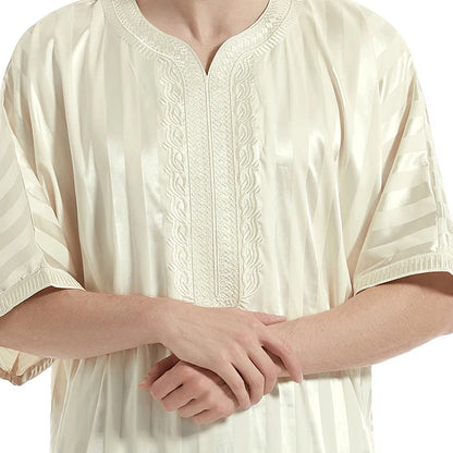 Middle Eastern Muslim Men's Striped Middle Sleeve Embroidered Robe Half Sleeve Arabic Costume Traditional Men's Robe